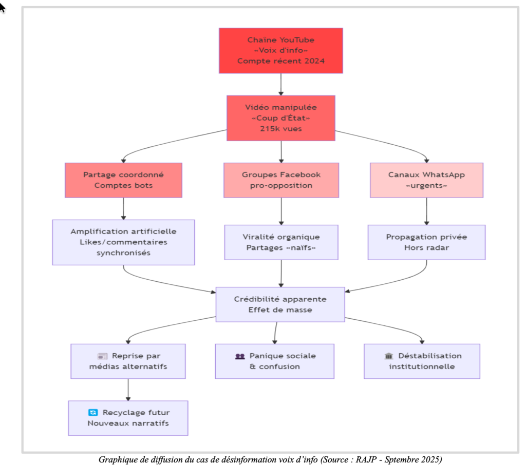Graphique de diffusion du cas de désinformation voix d’info (Source : RAJP - Sptembre 2025)